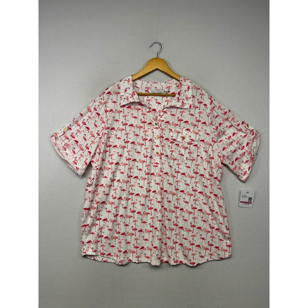 Tropical Summer Emily Daniels Women 3X White Pink Flamingo Button Roll Tab Top